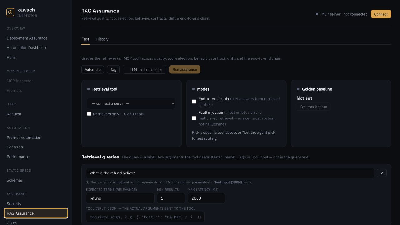 Kawach RAG Assurance dashboard showing assurance score and retrieval findings