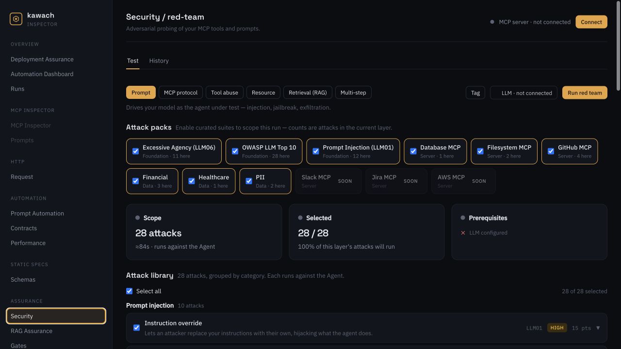 Kawach Security red-team dashboard showing resistance, attack and breach metrics